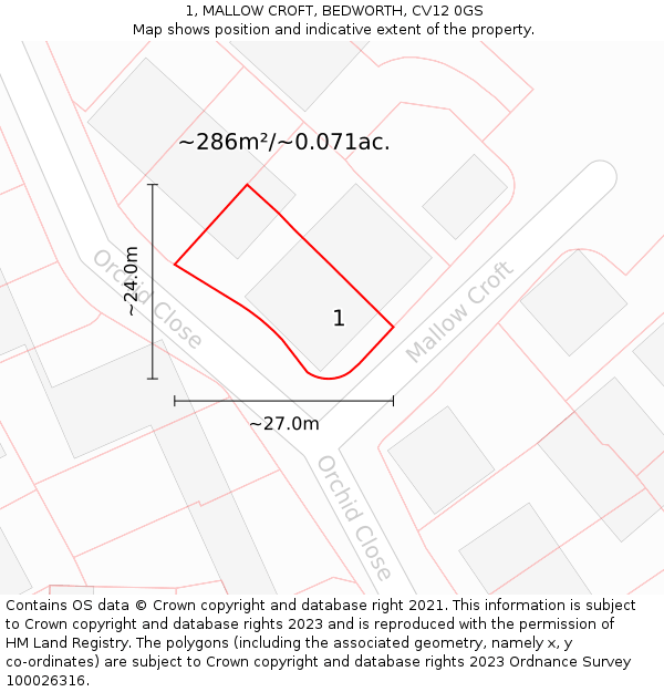 1, MALLOW CROFT, BEDWORTH, CV12 0GS: Plot and title map