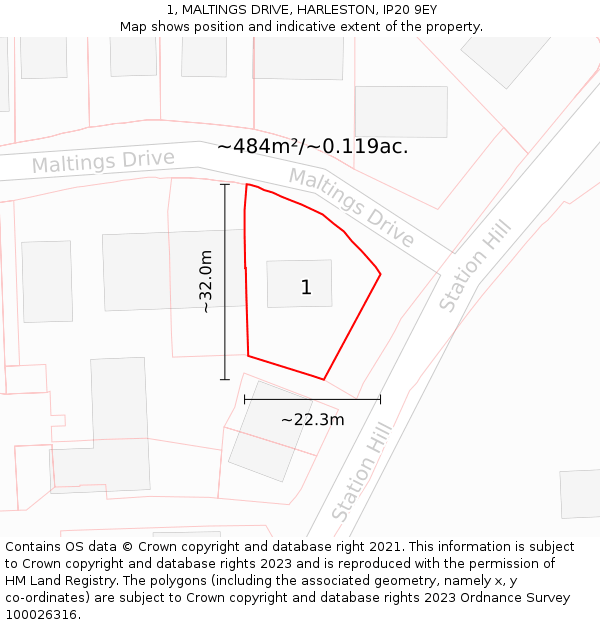 1, MALTINGS DRIVE, HARLESTON, IP20 9EY: Plot and title map