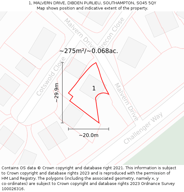 1, MALVERN DRIVE, DIBDEN PURLIEU, SOUTHAMPTON, SO45 5QY: Plot and title map