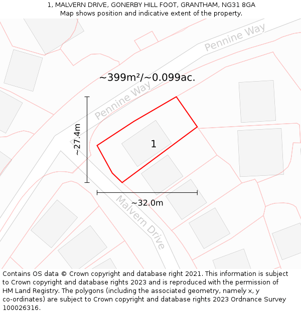 1, MALVERN DRIVE, GONERBY HILL FOOT, GRANTHAM, NG31 8GA: Plot and title map