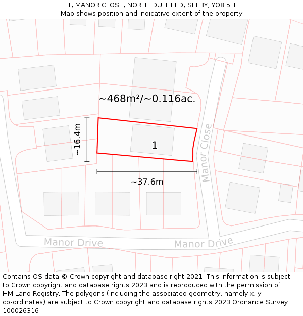 1, MANOR CLOSE, NORTH DUFFIELD, SELBY, YO8 5TL: Plot and title map