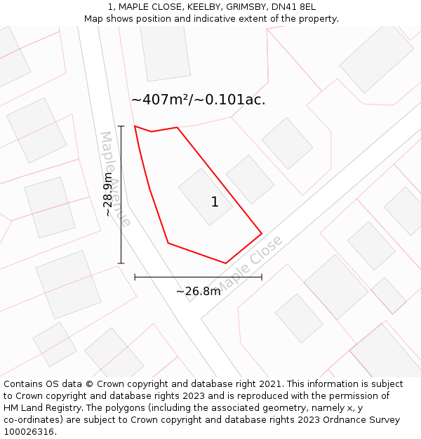 1, MAPLE CLOSE, KEELBY, GRIMSBY, DN41 8EL: Plot and title map