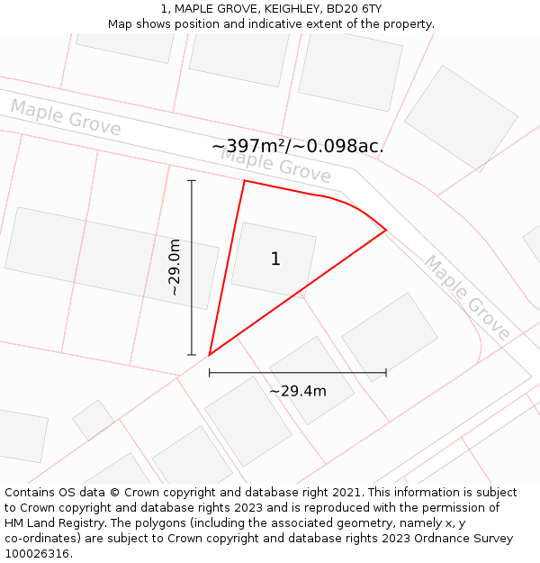 1, MAPLE GROVE, KEIGHLEY, BD20 6TY: Plot and title map