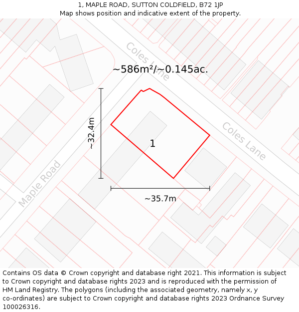 1, MAPLE ROAD, SUTTON COLDFIELD, B72 1JP: Plot and title map