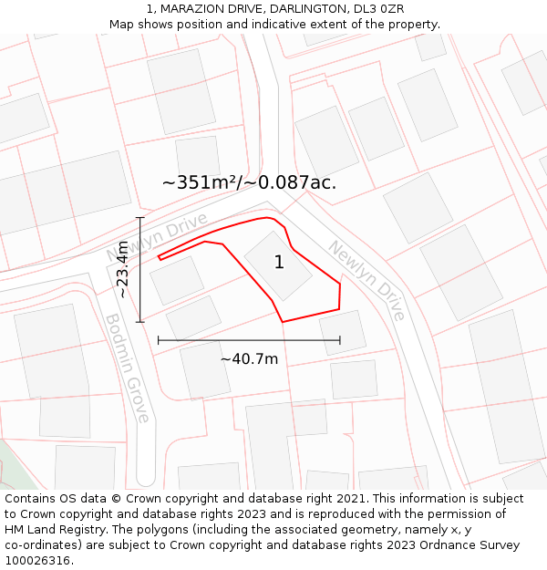 1, MARAZION DRIVE, DARLINGTON, DL3 0ZR: Plot and title map