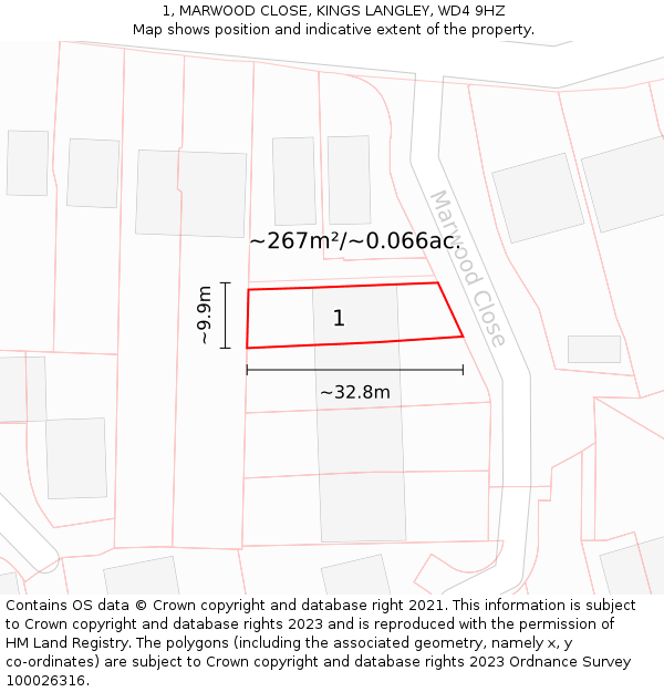 1, MARWOOD CLOSE, KINGS LANGLEY, WD4 9HZ: Plot and title map