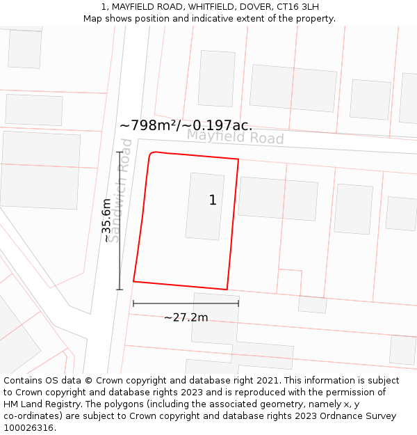 1, MAYFIELD ROAD, WHITFIELD, DOVER, CT16 3LH: Plot and title map