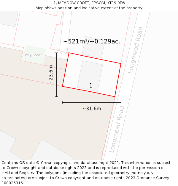 1, MEADOW CROFT, EPSOM, KT19 9FW: Plot and title map