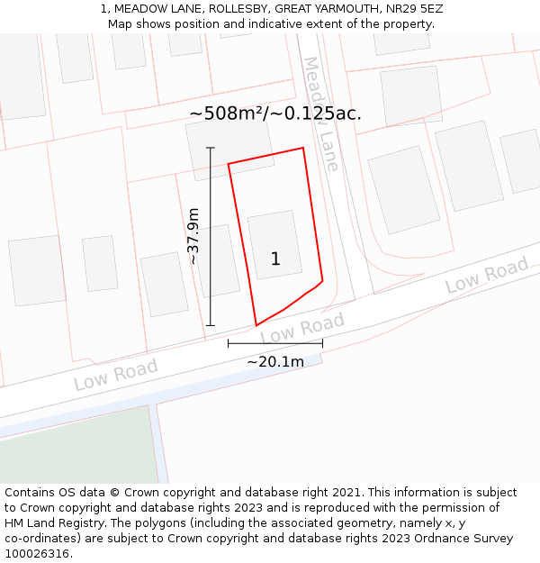 1, MEADOW LANE, ROLLESBY, GREAT YARMOUTH, NR29 5EZ: Plot and title map