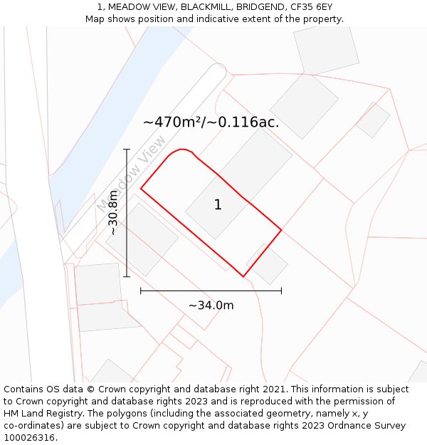1, MEADOW VIEW, BLACKMILL, BRIDGEND, CF35 6EY: Plot and title map