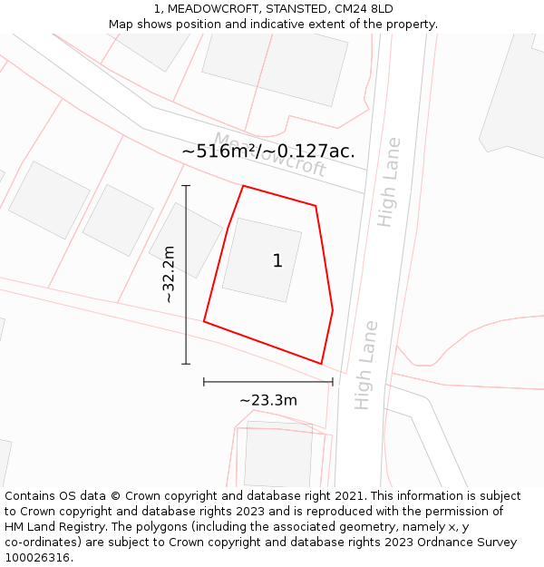 1, MEADOWCROFT, STANSTED, CM24 8LD: Plot and title map