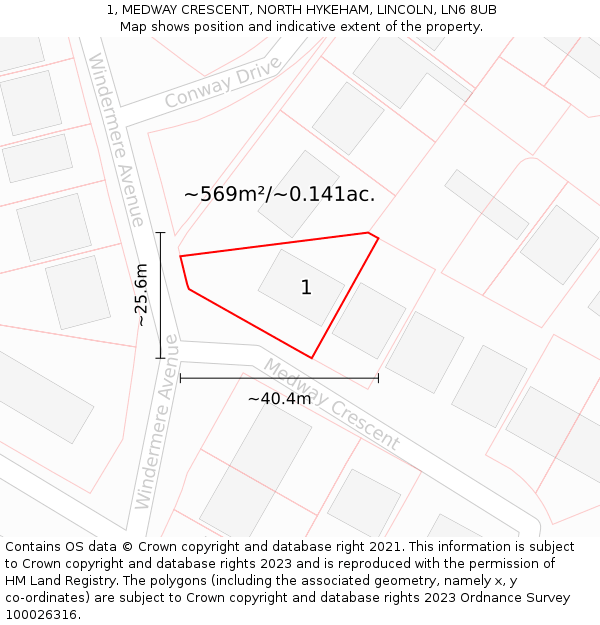 1, MEDWAY CRESCENT, NORTH HYKEHAM, LINCOLN, LN6 8UB: Plot and title map