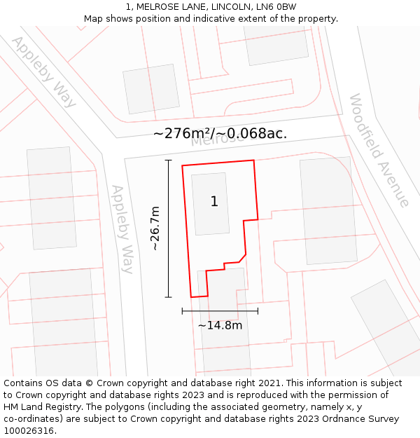 1, MELROSE LANE, LINCOLN, LN6 0BW: Plot and title map