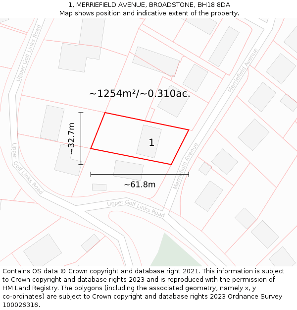 1, MERRIEFIELD AVENUE, BROADSTONE, BH18 8DA: Plot and title map