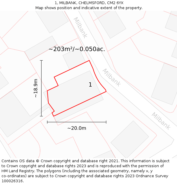 1, MILBANK, CHELMSFORD, CM2 6YX: Plot and title map