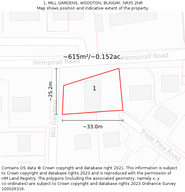 1, MILL GARDENS, WOODTON, BUNGAY, NR35 2NR: Plot and title map