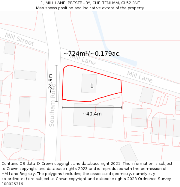 1, MILL LANE, PRESTBURY, CHELTENHAM, GL52 3NE: Plot and title map