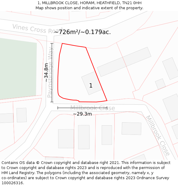 1, MILLBROOK CLOSE, HORAM, HEATHFIELD, TN21 0HH: Plot and title map