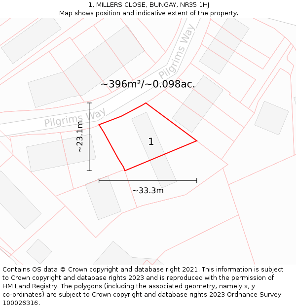 1, MILLERS CLOSE, BUNGAY, NR35 1HJ: Plot and title map