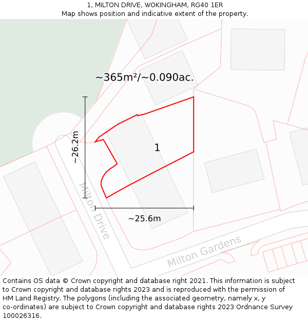 1, MILTON DRIVE, WOKINGHAM, RG40 1ER: Plot and title map