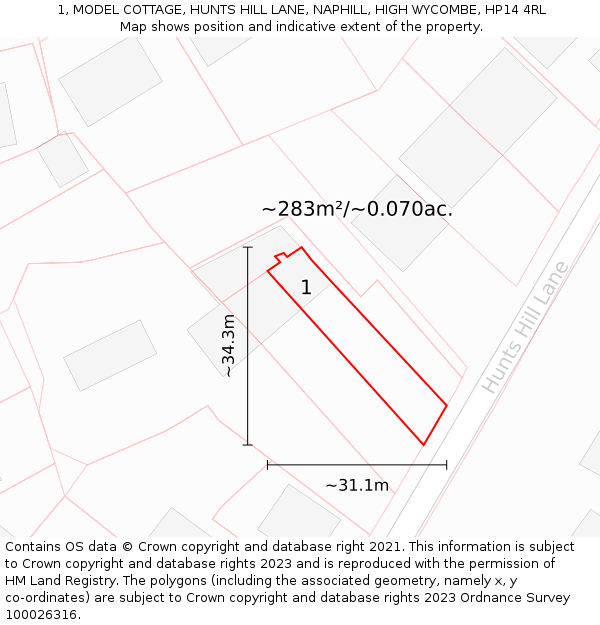 1, MODEL COTTAGE, HUNTS HILL LANE, NAPHILL, HIGH WYCOMBE, HP14 4RL: Plot and title map