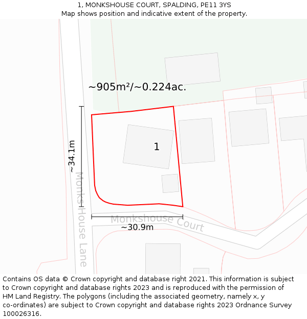 1, MONKSHOUSE COURT, SPALDING, PE11 3YS: Plot and title map