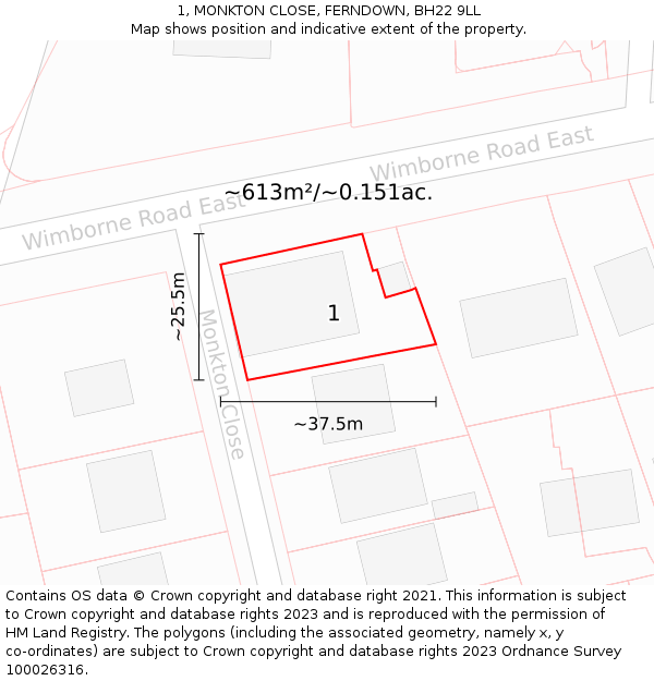 1, MONKTON CLOSE, FERNDOWN, BH22 9LL: Plot and title map