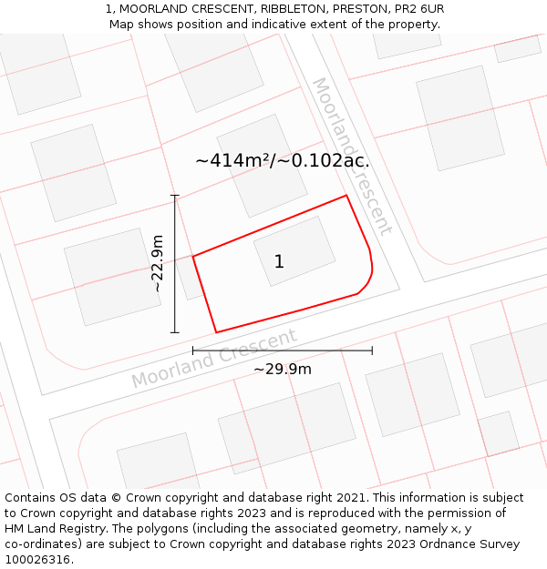 1, MOORLAND CRESCENT, RIBBLETON, PRESTON, PR2 6UR: Plot and title map