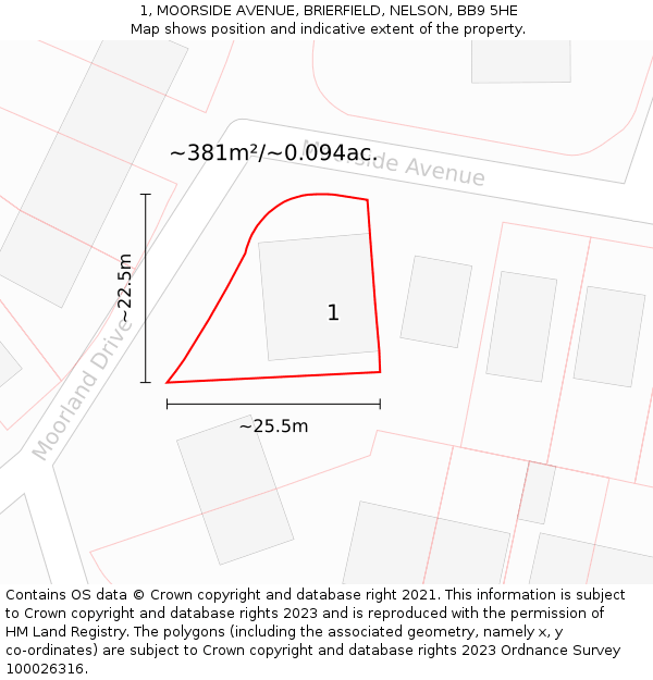 1, MOORSIDE AVENUE, BRIERFIELD, NELSON, BB9 5HE: Plot and title map