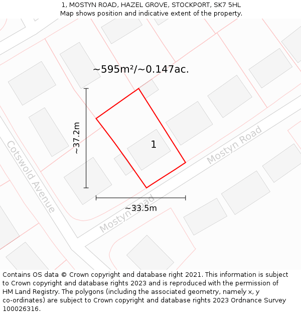 1, MOSTYN ROAD, HAZEL GROVE, STOCKPORT, SK7 5HL: Plot and title map