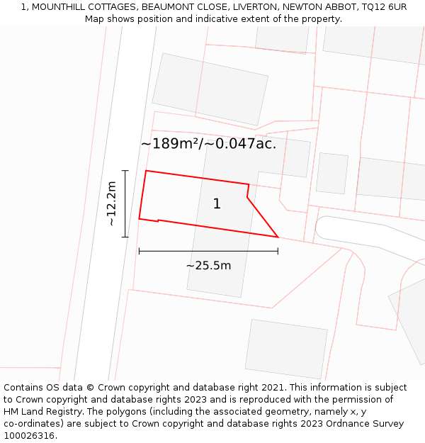 1, MOUNTHILL COTTAGES, BEAUMONT CLOSE, LIVERTON, NEWTON ABBOT, TQ12 6UR: Plot and title map