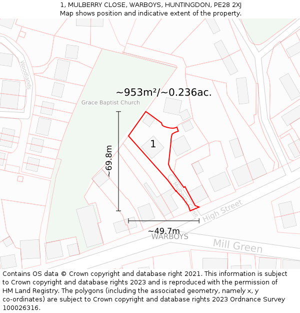 1, MULBERRY CLOSE, WARBOYS, HUNTINGDON, PE28 2XJ: Plot and title map