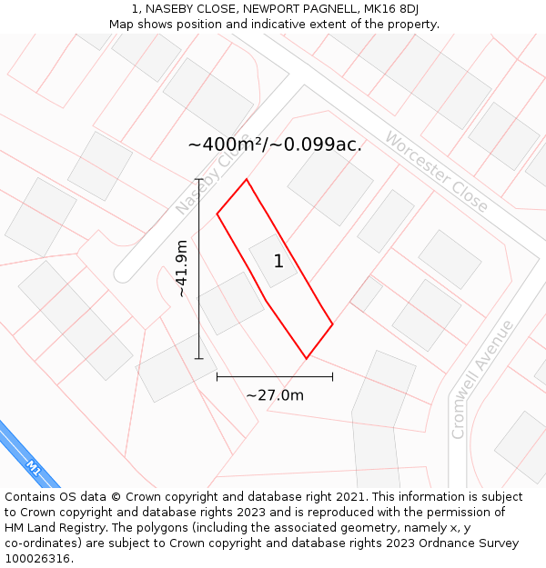 1, NASEBY CLOSE, NEWPORT PAGNELL, MK16 8DJ: Plot and title map