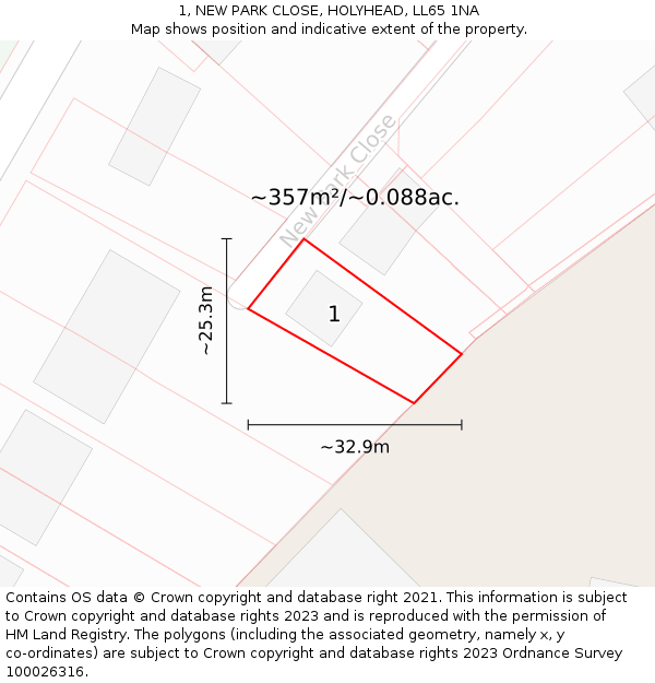 1, NEW PARK CLOSE, HOLYHEAD, LL65 1NA: Plot and title map