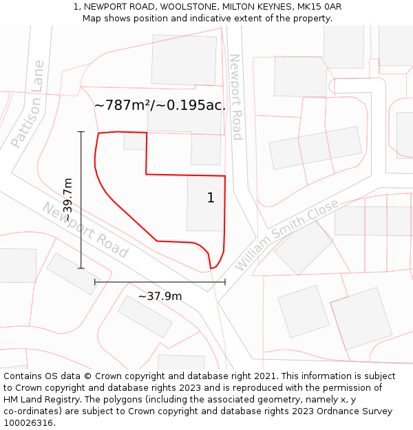 1, NEWPORT ROAD, WOOLSTONE, MILTON KEYNES, MK15 0AR: Plot and title map