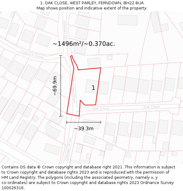 1, OAK CLOSE, WEST PARLEY, FERNDOWN, BH22 8UA: Plot and title map
