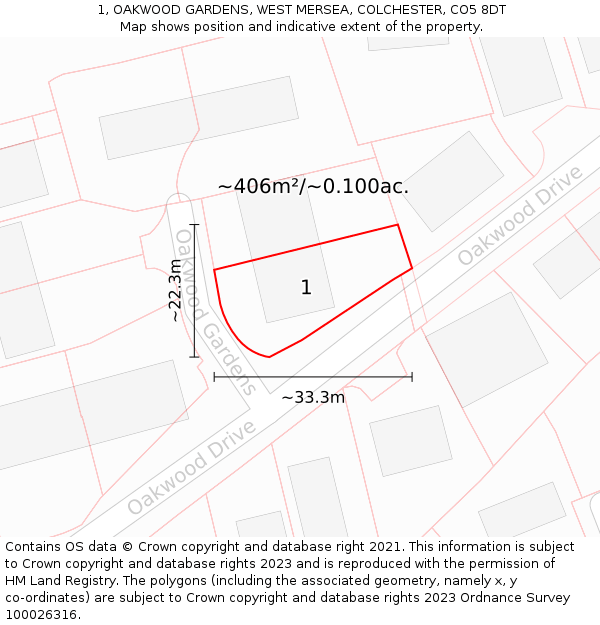 1, OAKWOOD GARDENS, WEST MERSEA, COLCHESTER, CO5 8DT: Plot and title map