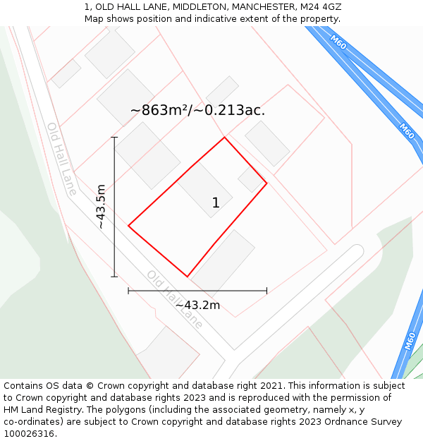 1, OLD HALL LANE, MIDDLETON, MANCHESTER, M24 4GZ: Plot and title map