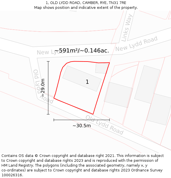 1, OLD LYDD ROAD, CAMBER, RYE, TN31 7RE: Plot and title map