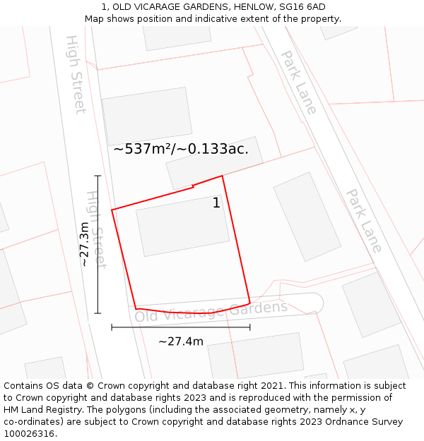 1, OLD VICARAGE GARDENS, HENLOW, SG16 6AD: Plot and title map