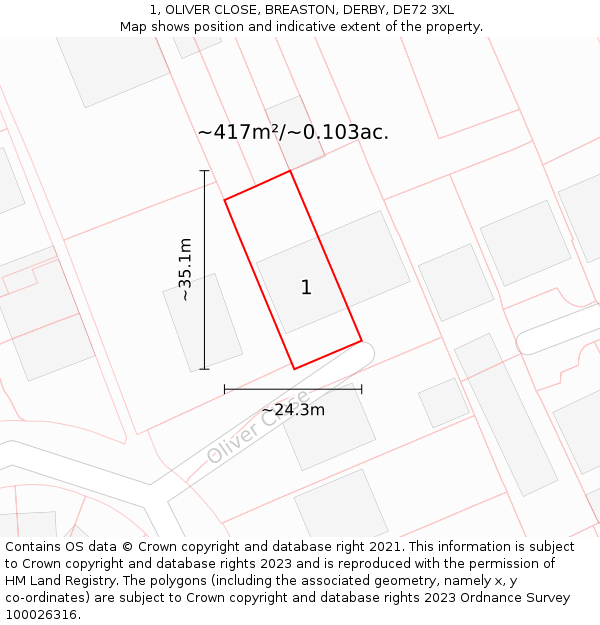 1, OLIVER CLOSE, BREASTON, DERBY, DE72 3XL: Plot and title map