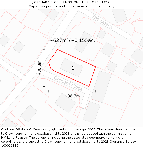 1, ORCHARD CLOSE, KINGSTONE, HEREFORD, HR2 9ET: Plot and title map