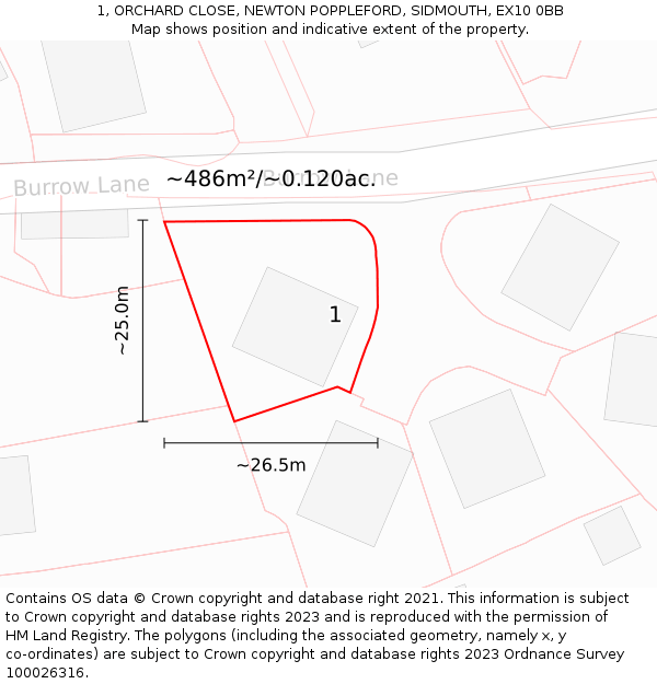 1, ORCHARD CLOSE, NEWTON POPPLEFORD, SIDMOUTH, EX10 0BB: Plot and title map