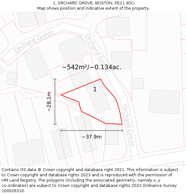 1, ORCHARD GROVE, BOSTON, PE21 9DU: Plot and title map