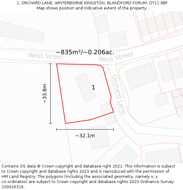 1, ORCHARD LANE, WINTERBORNE KINGSTON, BLANDFORD FORUM, DT11 9BF: Plot and title map