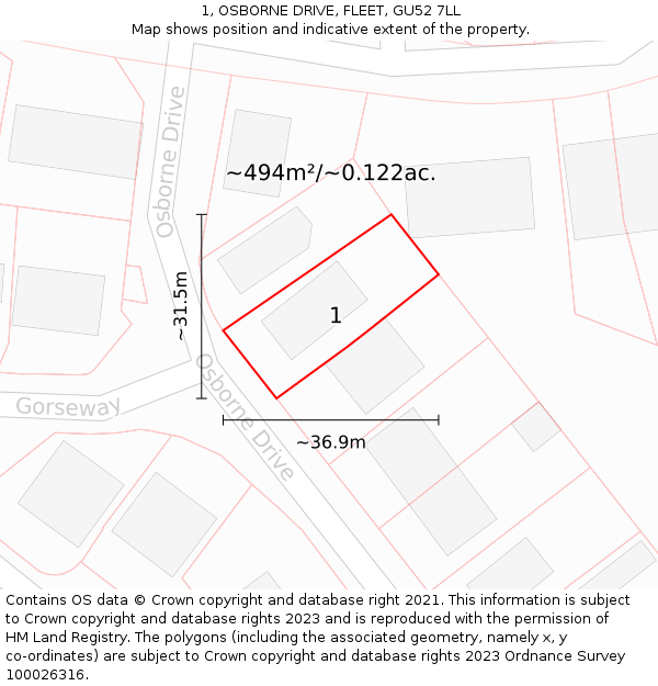 1, OSBORNE DRIVE, FLEET, GU52 7LL: Plot and title map