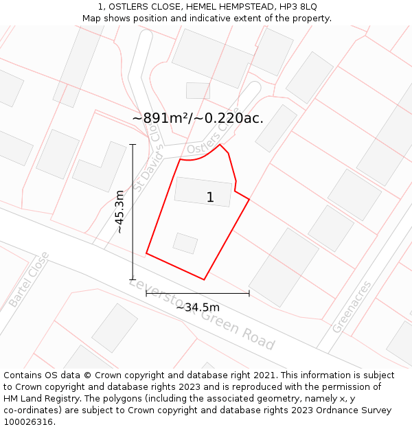 1, OSTLERS CLOSE, HEMEL HEMPSTEAD, HP3 8LQ: Plot and title map