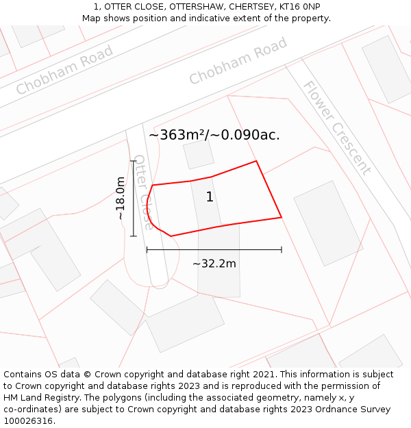 1, OTTER CLOSE, OTTERSHAW, CHERTSEY, KT16 0NP: Plot and title map