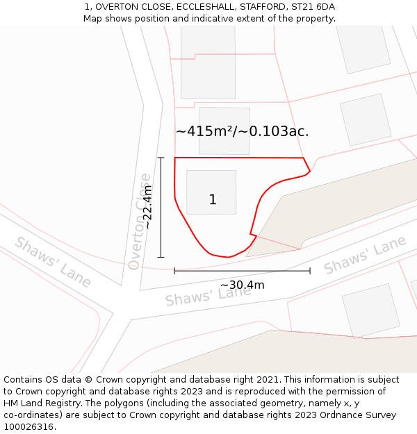 1, OVERTON CLOSE, ECCLESHALL, STAFFORD, ST21 6DA: Plot and title map