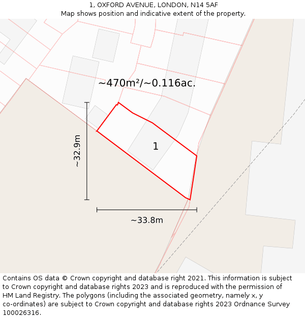 1, OXFORD AVENUE, LONDON, N14 5AF: Plot and title map